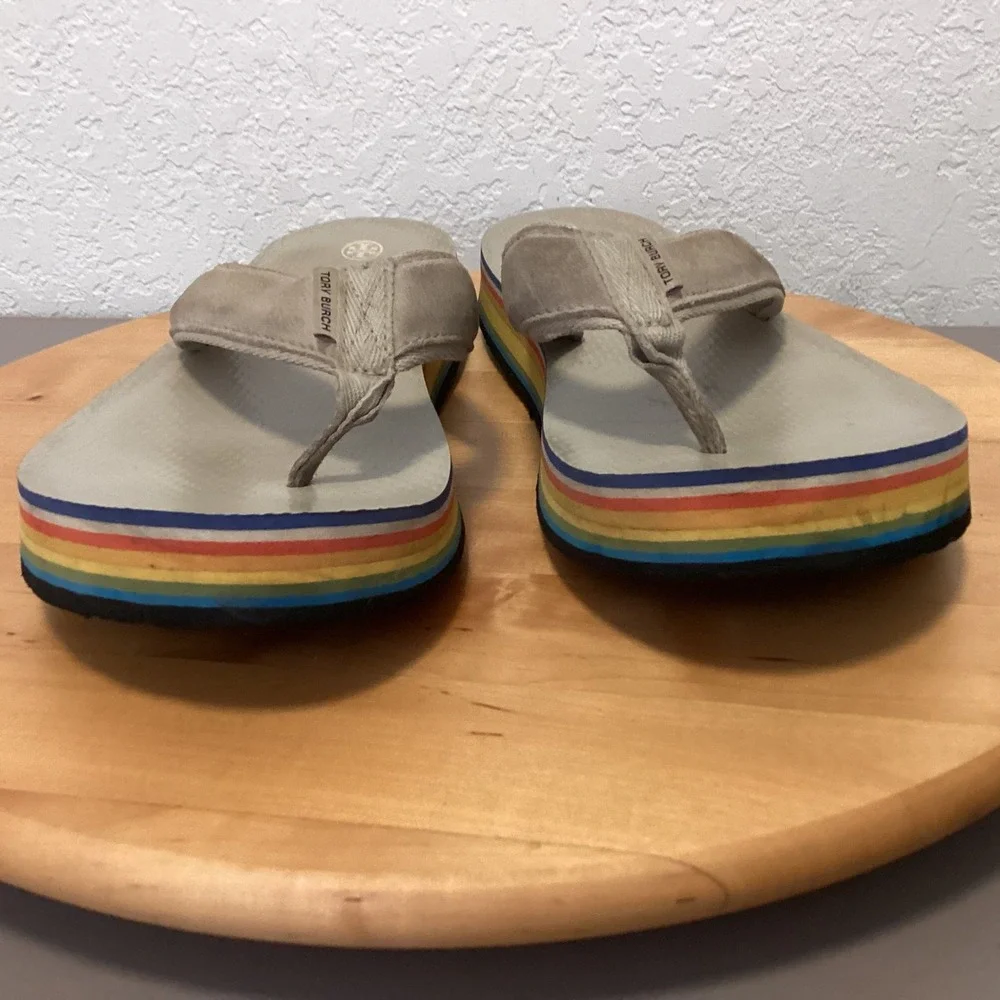 Tory Burch 70s Low Platform Flip‎ Flops Womens 10 Tan Rainbow Stripe S Flatform